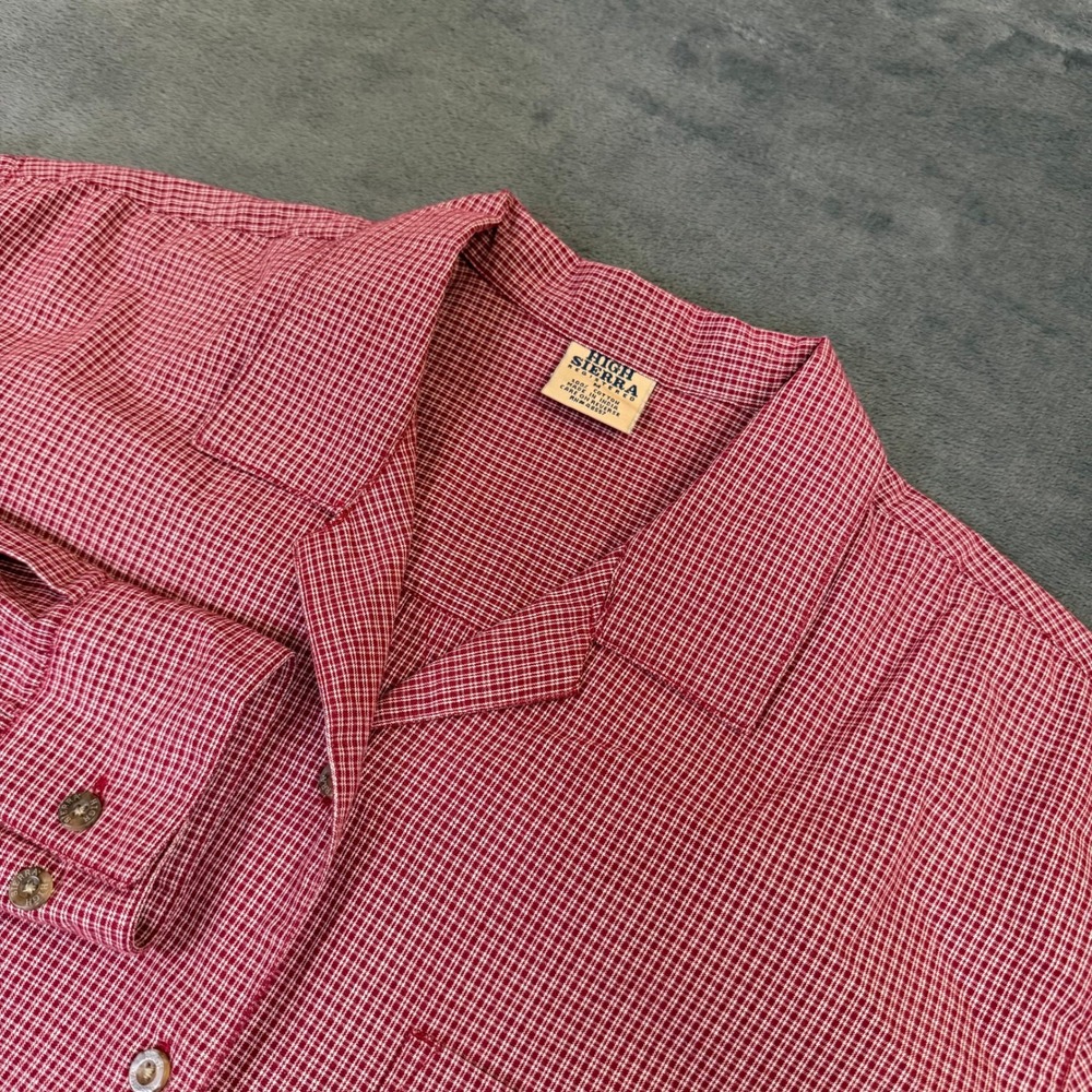 High Sierra Button Up Shirt Womens Medium Red Checkered Camp Collar Long Sleeve